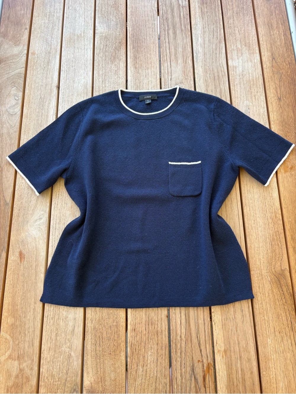 J. Crew Navy Short-Sleeve Sweater Top with Cream Trim
